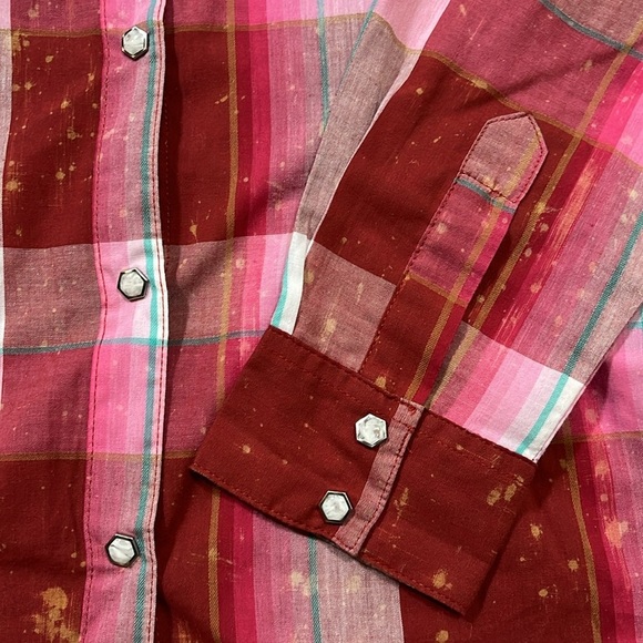 Wrangler EUC Pearl Snap Button Front Long Sleeve Western Shirt Pink Plaid Medium - Picture 4 of 11